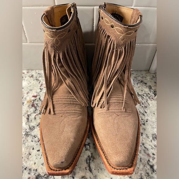 New J.B. Dillon Fringe Western Ankle Booties Suede Tan Cowboy Boots Size 5 - Picture 4 of 9